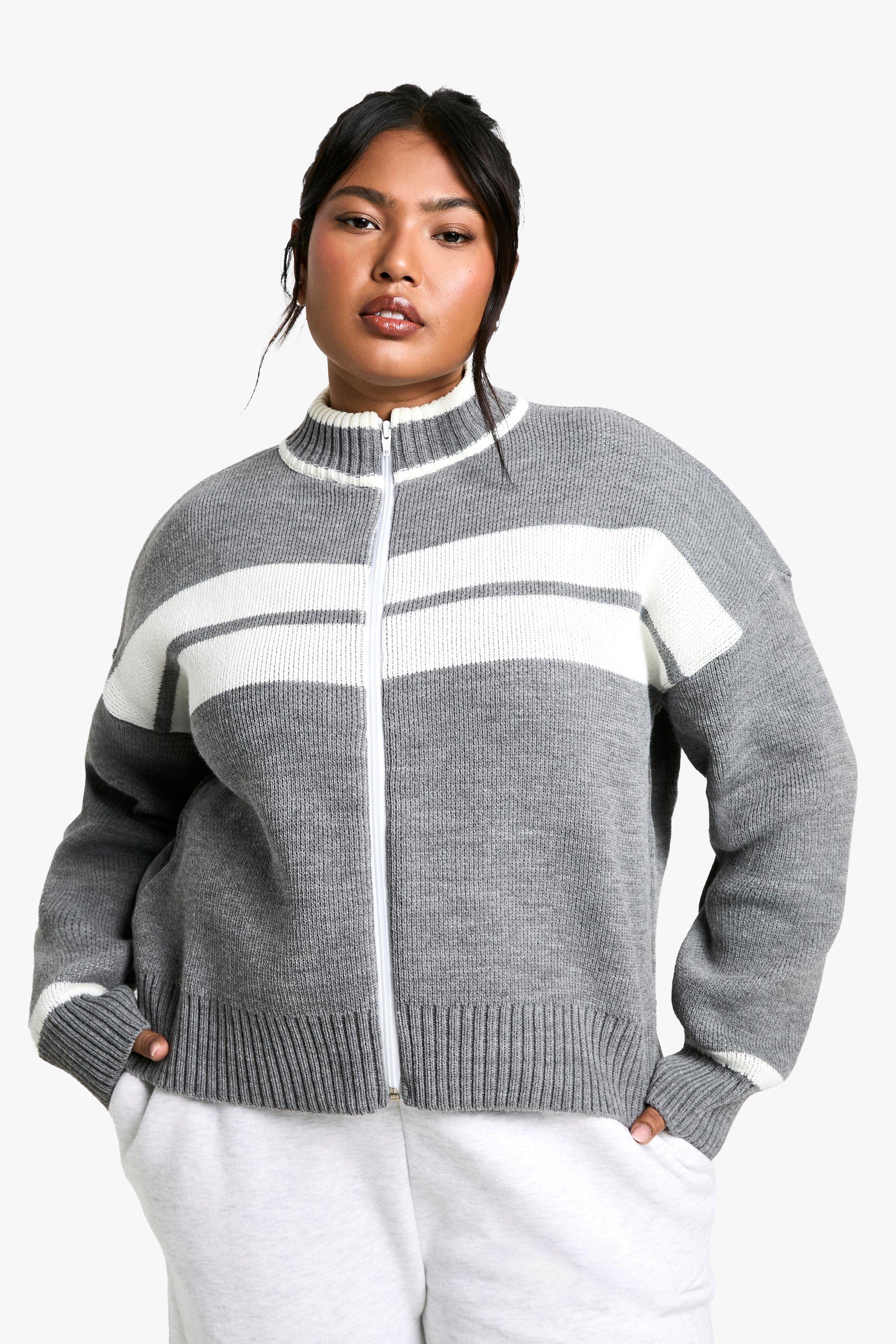 Boohoo Plus Gestreepte Cardigan Met Rits, Grey