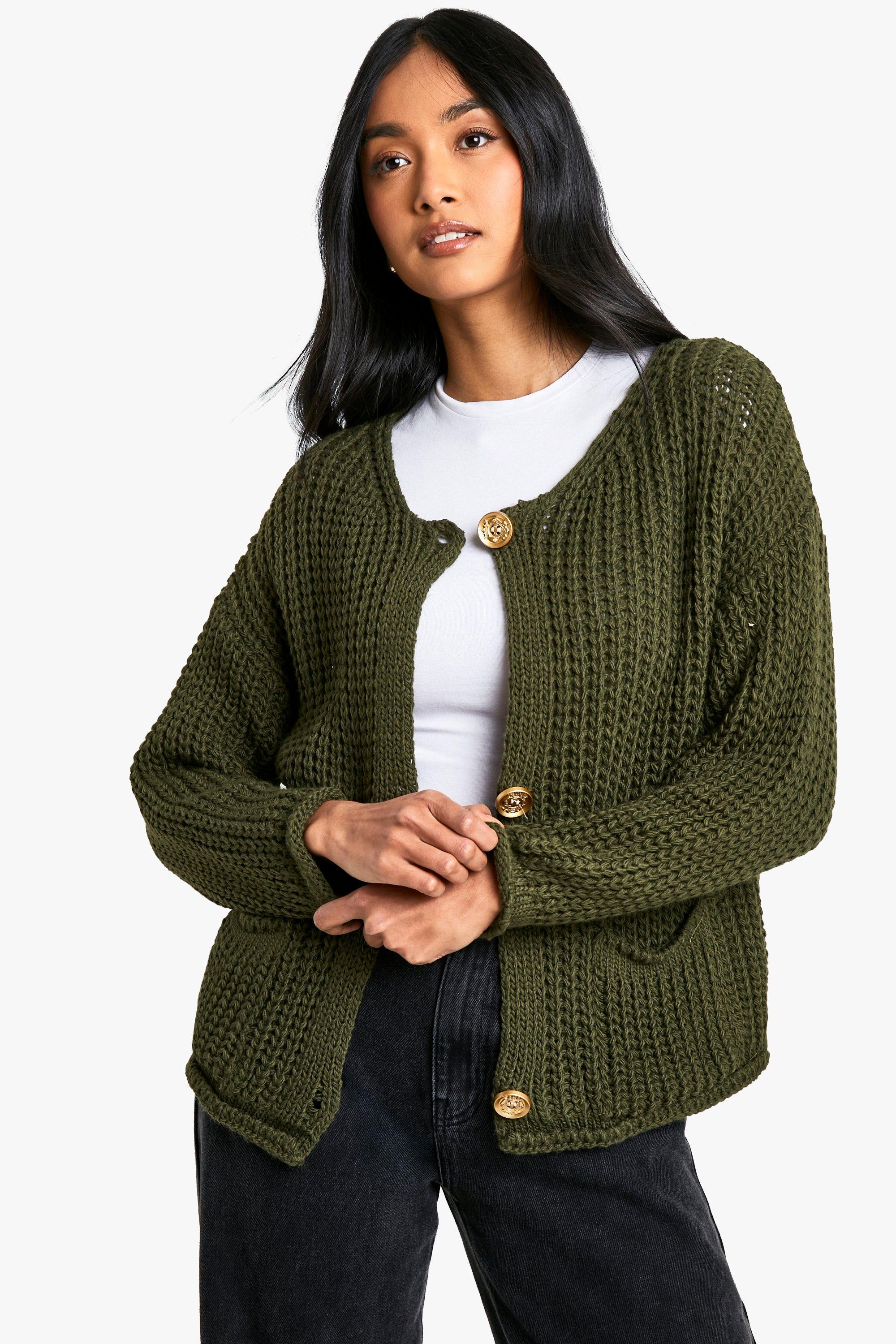 Boohoo Oversized Gebreide Dikke Gebreide Cardigan Met Knoop Detail, Khaki