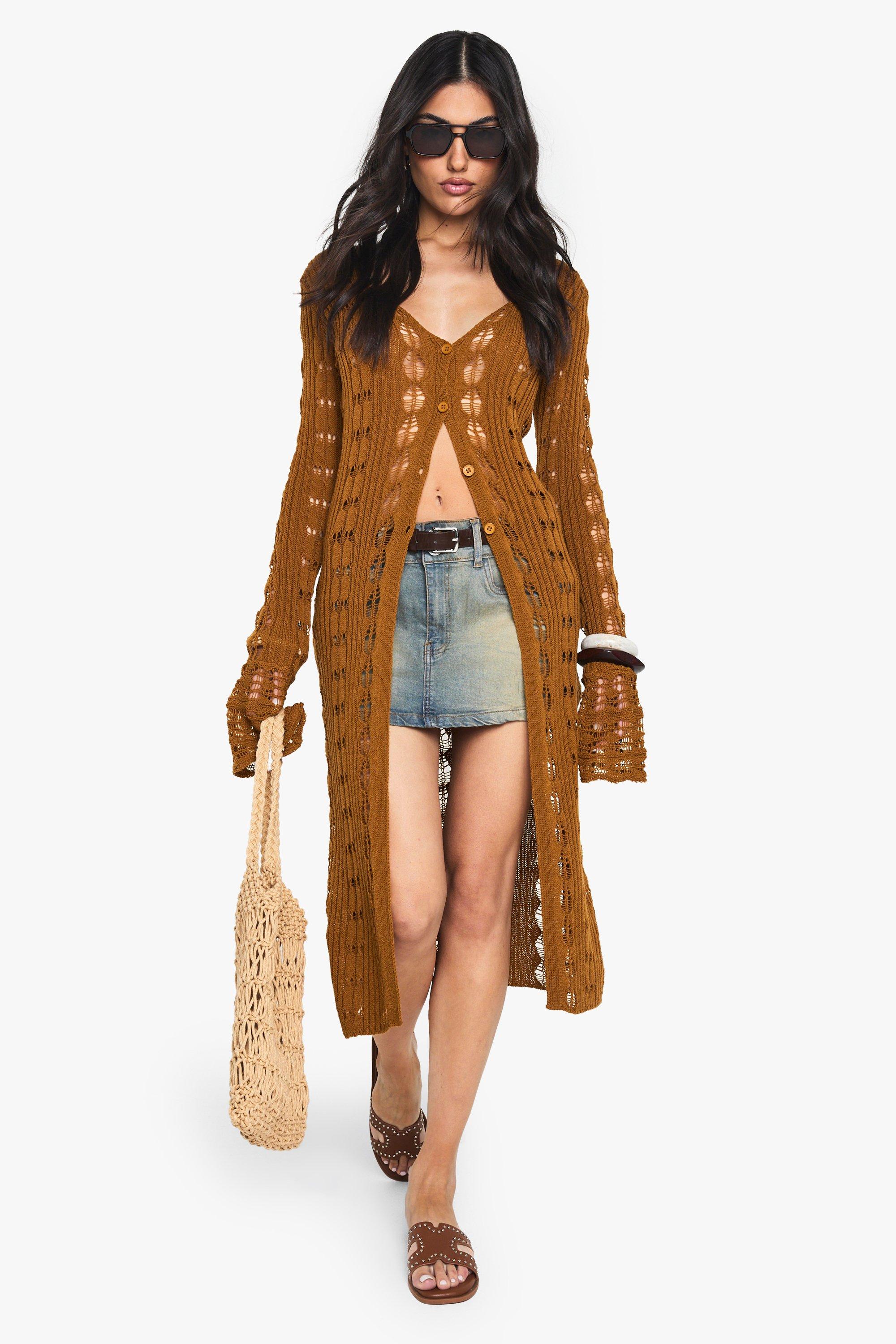 Boohoo Gehaakte Maxi Cardigan Met Geplooide Mouwen, Tan