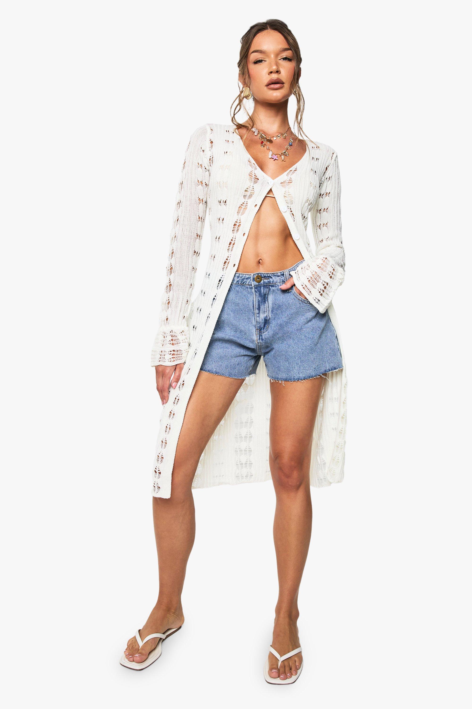Boohoo Gehaakte Maxi Cardigan Met Geplooide Mouwen, Cream