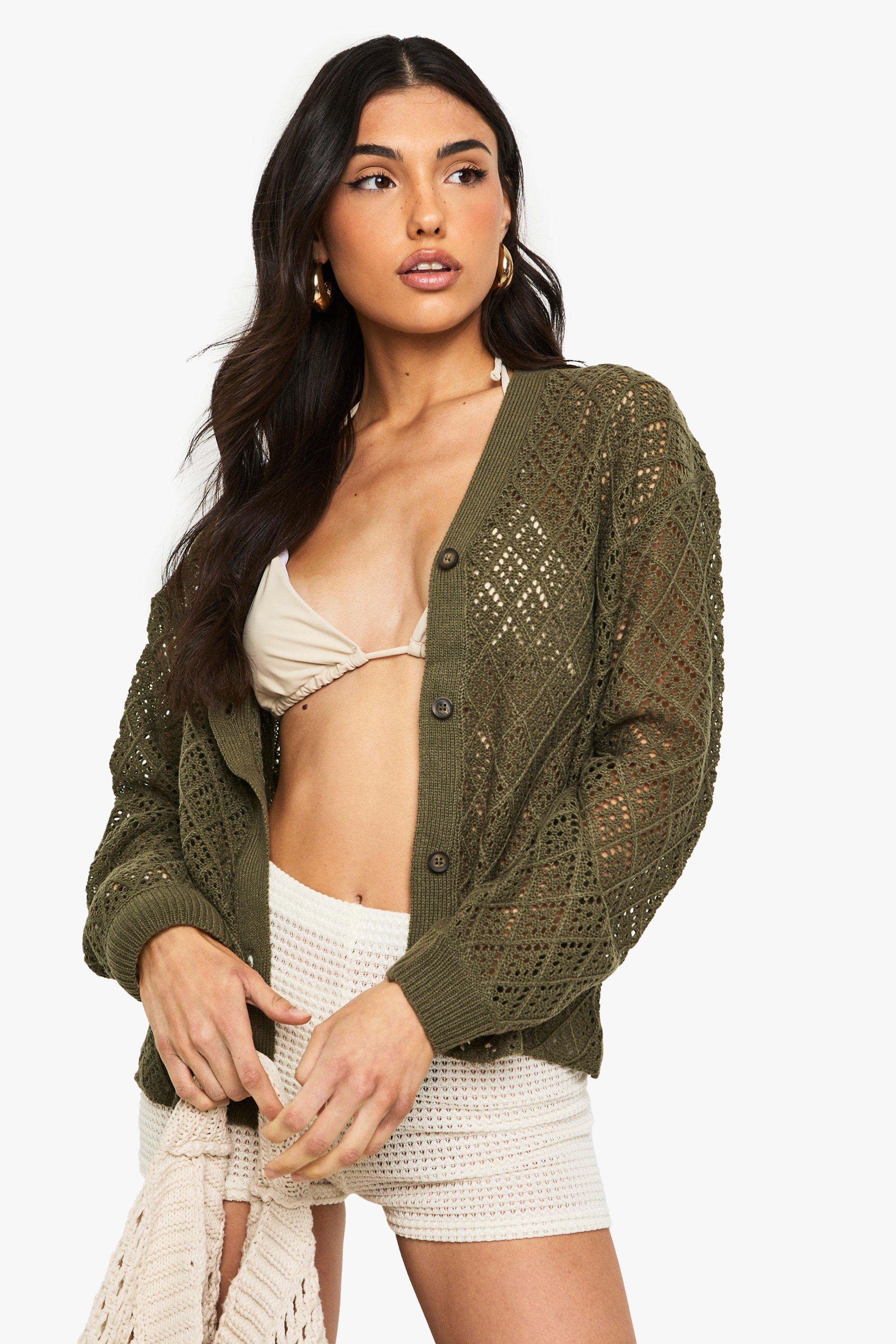Boohoo Gehaakte Baggy Gebreide Cardigan, Khaki
