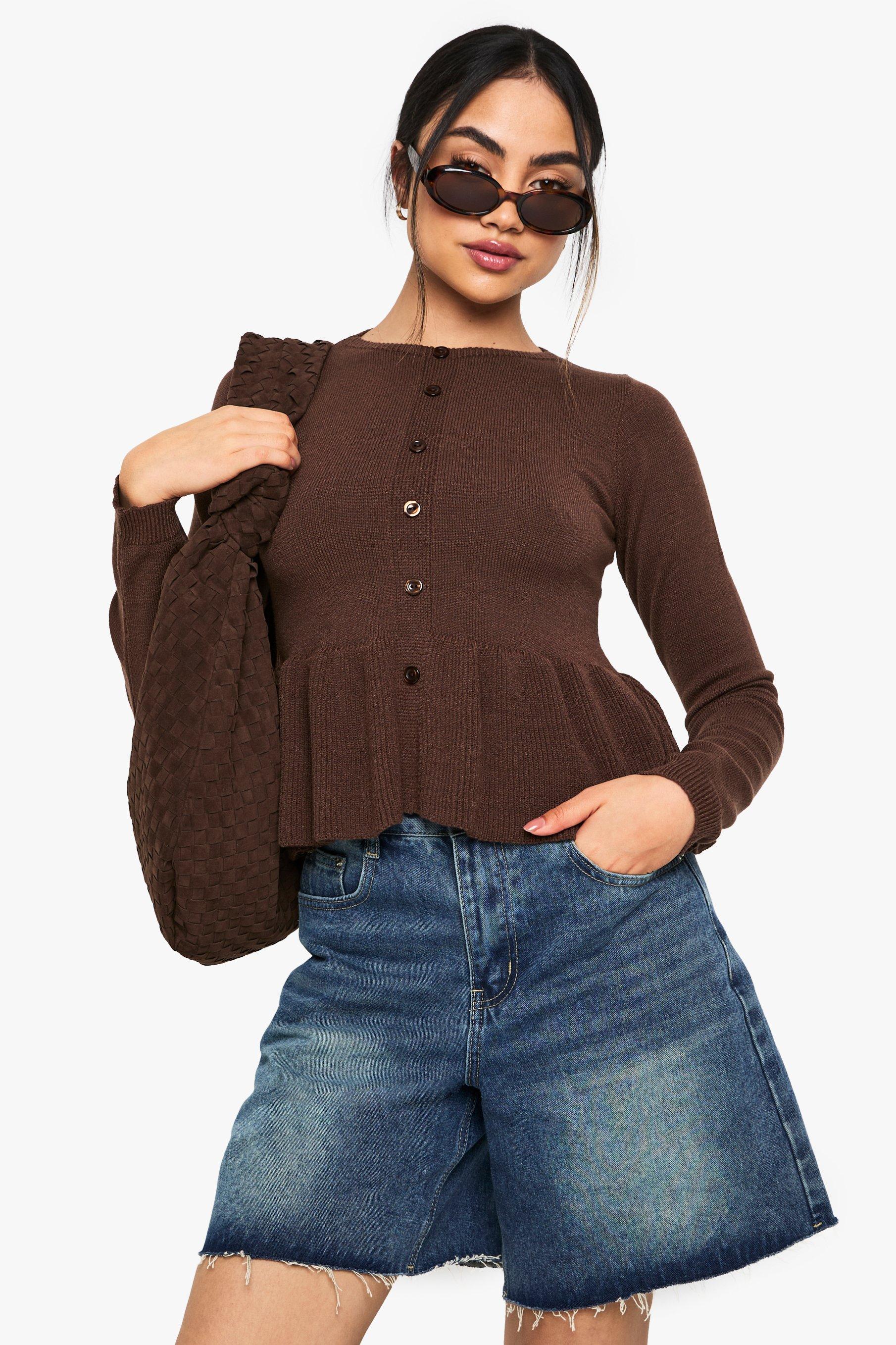 Boohoo Gebreide Doorknoop Cardigan Met Geplooide Taille, Choc Brown