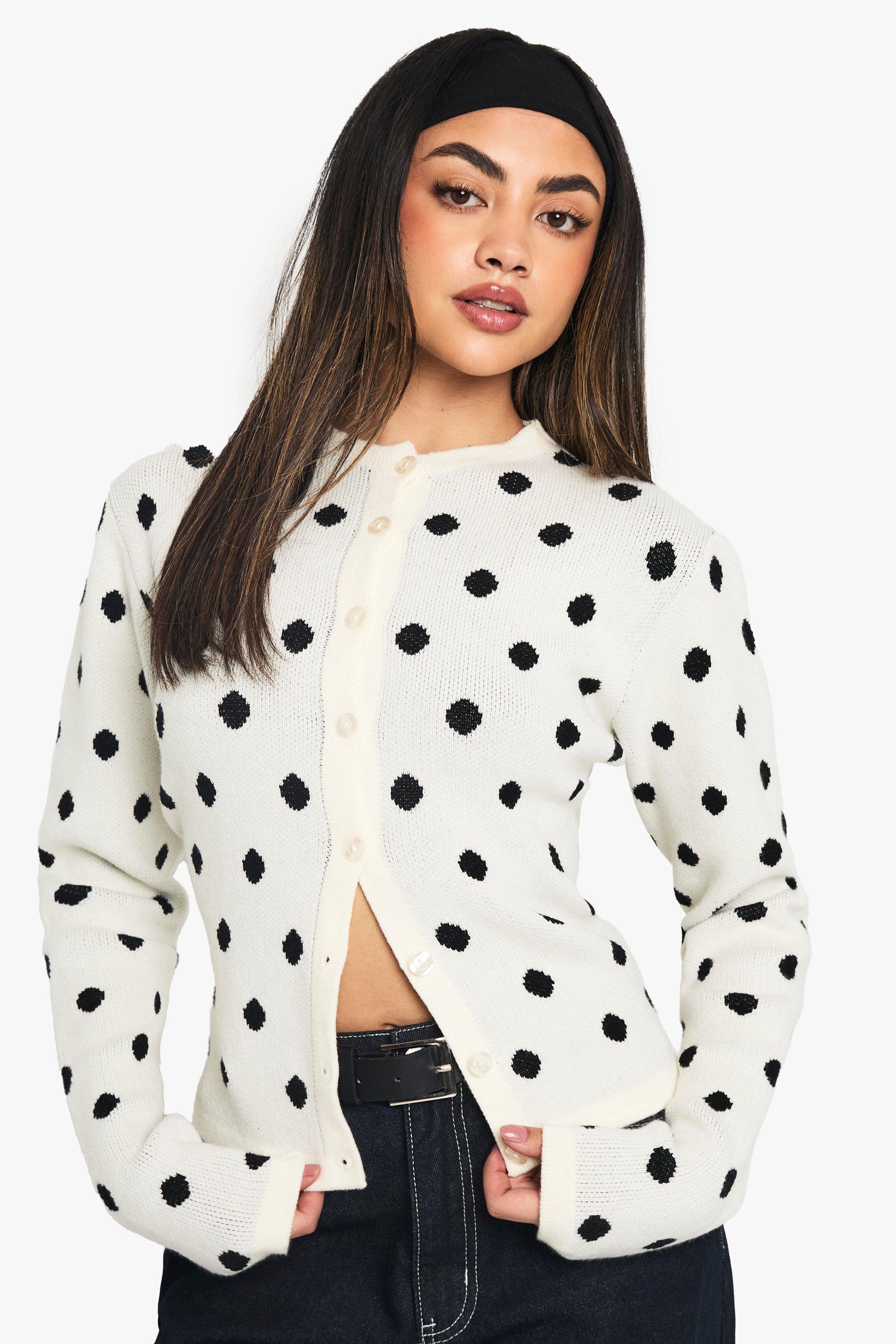 Boohoo Gebreide Cardigan Met Stippen En Crewneck, Cream