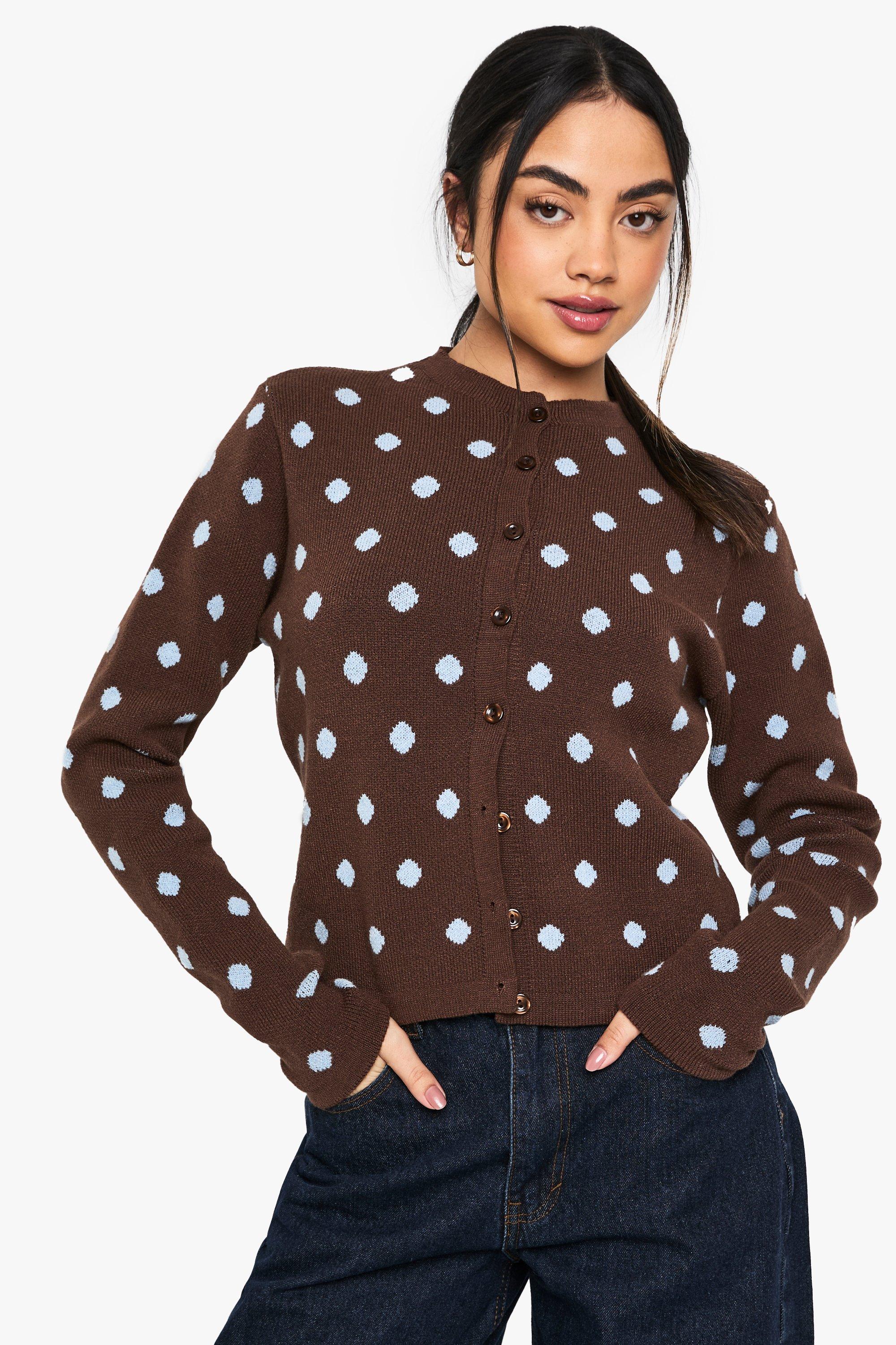 Boohoo Gebreide Cardigan Met Stippen En Crewneck, Choc Brown