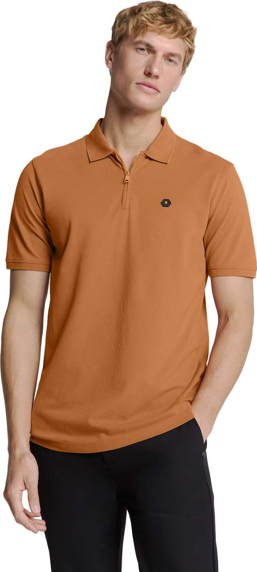 No Excess Polo zip pique garment dyed caramel