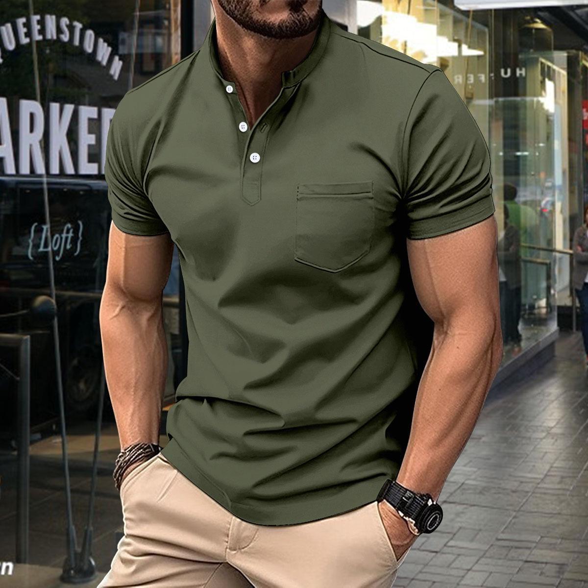 Top Men Wardrobe Heren zwaargewicht slim-fit Henley poloshirt met opstaande kraag, korte mouwen, nieuwe Amerikaanse stijl S oranje