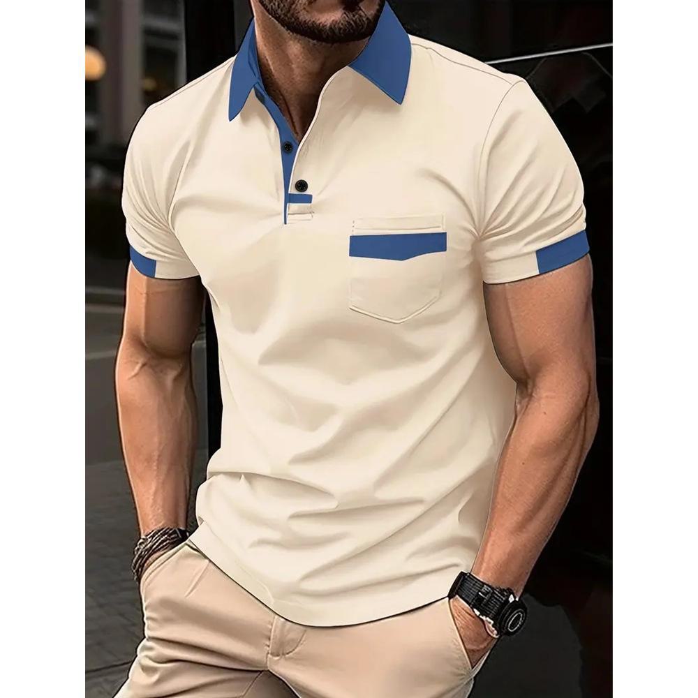 Top Men Wardrobe 2024 Zomer Heren Color Block Pocket Poloshirt L lichtblauwe kleur