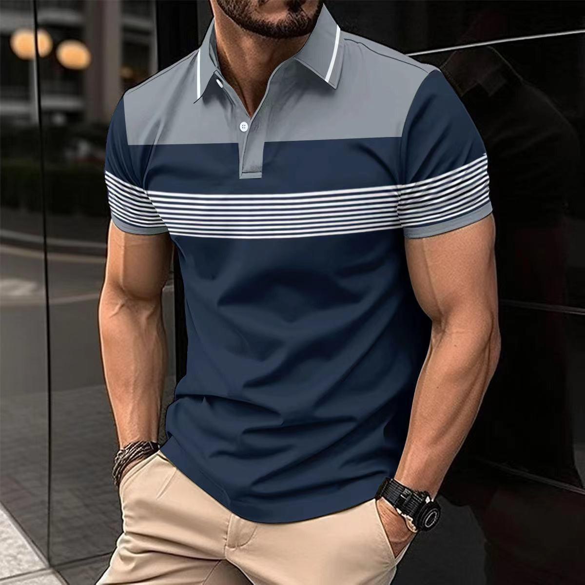 Top Men Wardrobe Nieuw 2024 heren poloshirt met cross-border strepen - casual zakelijke stijl met revers en knopen L grijs