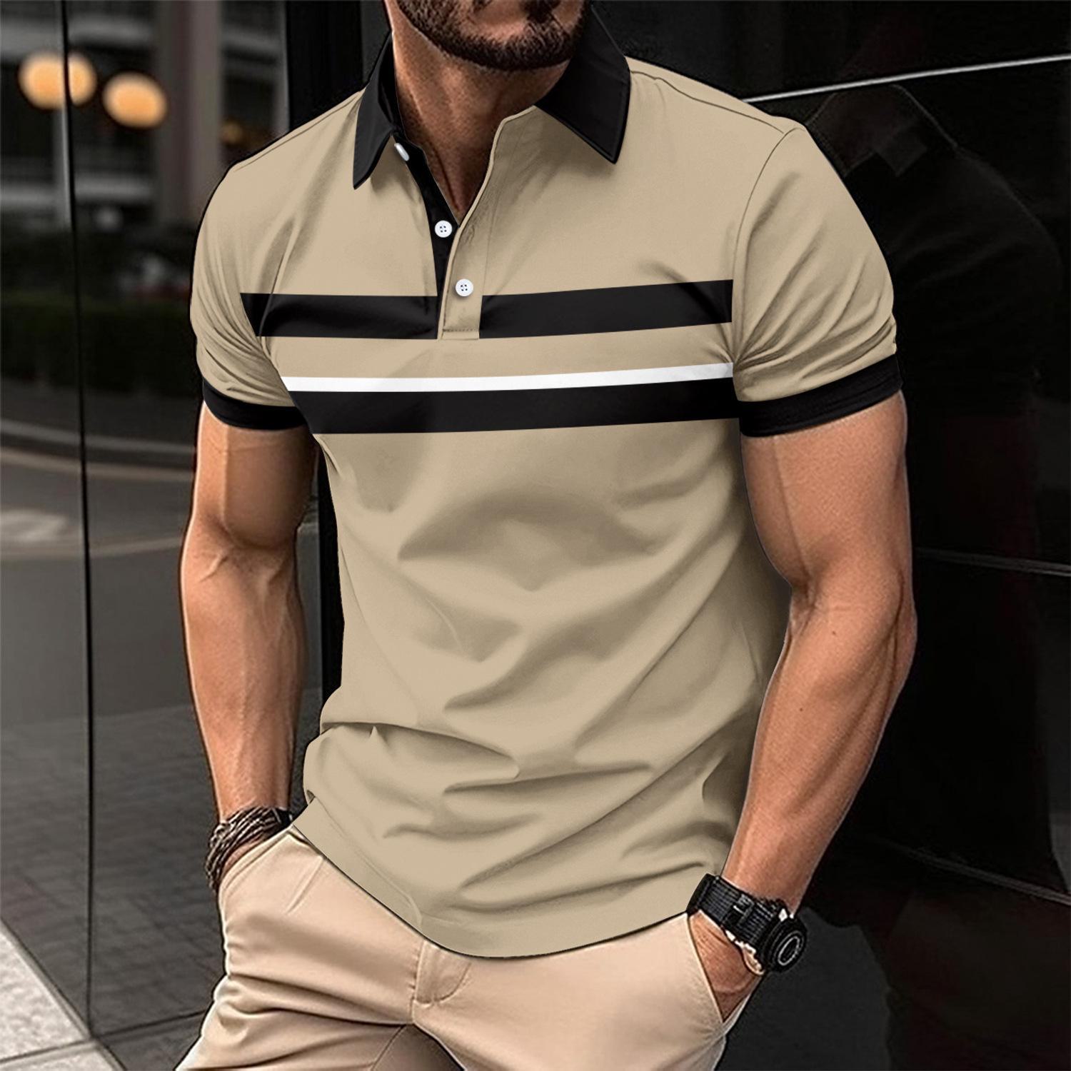 Top Men Wardrobe 2024 Heren Zwart Gestreept Casual POLO Shirt - Korte Mouw T-shirt met Knoopsluiting L kaki