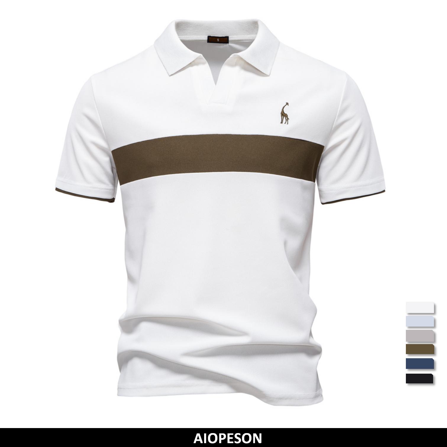 AIOPESON Heren Slim Fit Poloshirts met Effen Gestreepte Kleurblokken en Giraffe Borduurwerk Kraag Casual Merkkleding EUR S 55-65kg