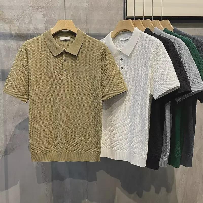 VantaGoods Heren poloshirt in Japanse stijl met lichte luxe ruitjesmotief - Zomertrendy, effen kleur, korte mouwen, all-match revers T-shirt