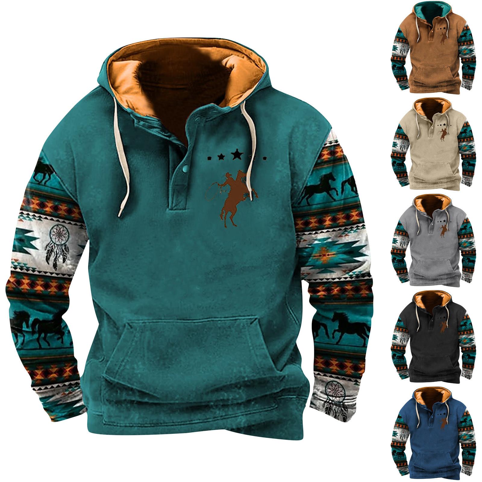 Winnerer Uranus Herenmode Retro Schouder Half Knoop Capuchon Trui met Print L zwart