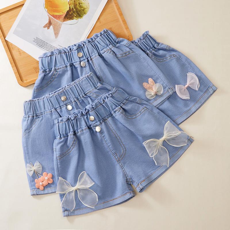 YOUULAR Zomer meisjes blauwe denim shorts losse elastische taille broek kinderen Colthes 100