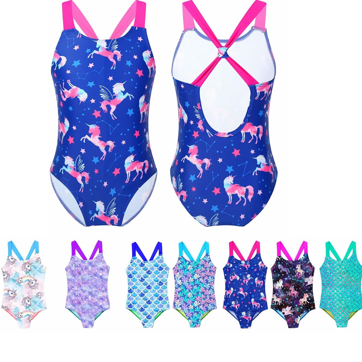 IEFiEL 2 Meisjesbadpak Zomer Braziliaanse strandbadpakken Draag schouderbandjes Eendelige badpakken voor kinderen Meisjesbadkleding 5-6 Years helder roze/blauw