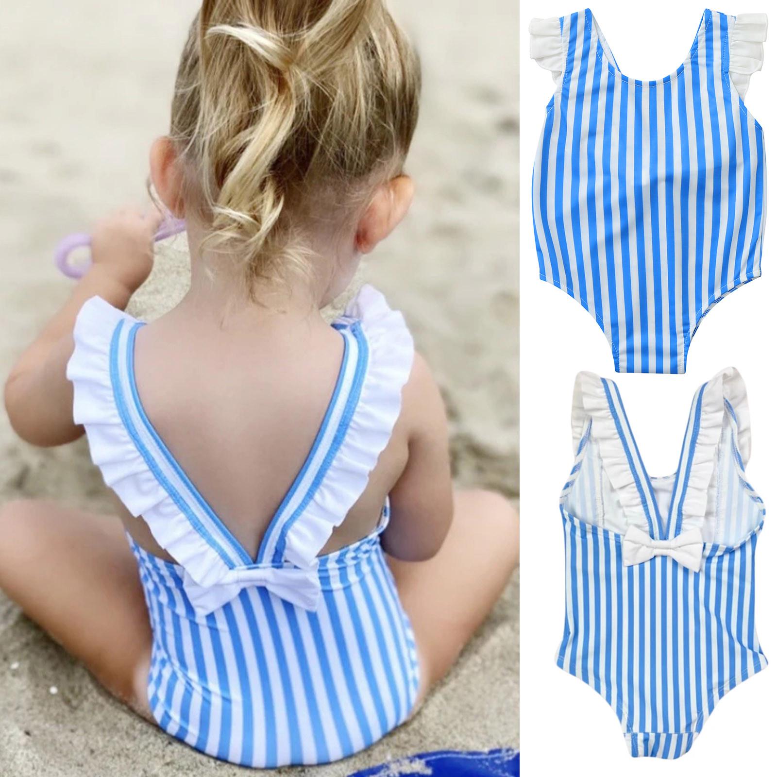 Ren Bag Peuter kinderen babymeisje bikini gestreept zwempak uit één stuk badmode strandkleding 120 blauw