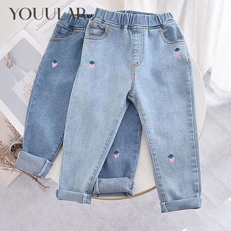 Youth Charm Nieuwe meisjesjeans lente en herfst kinderen elastische taille blauwe denim broek 90