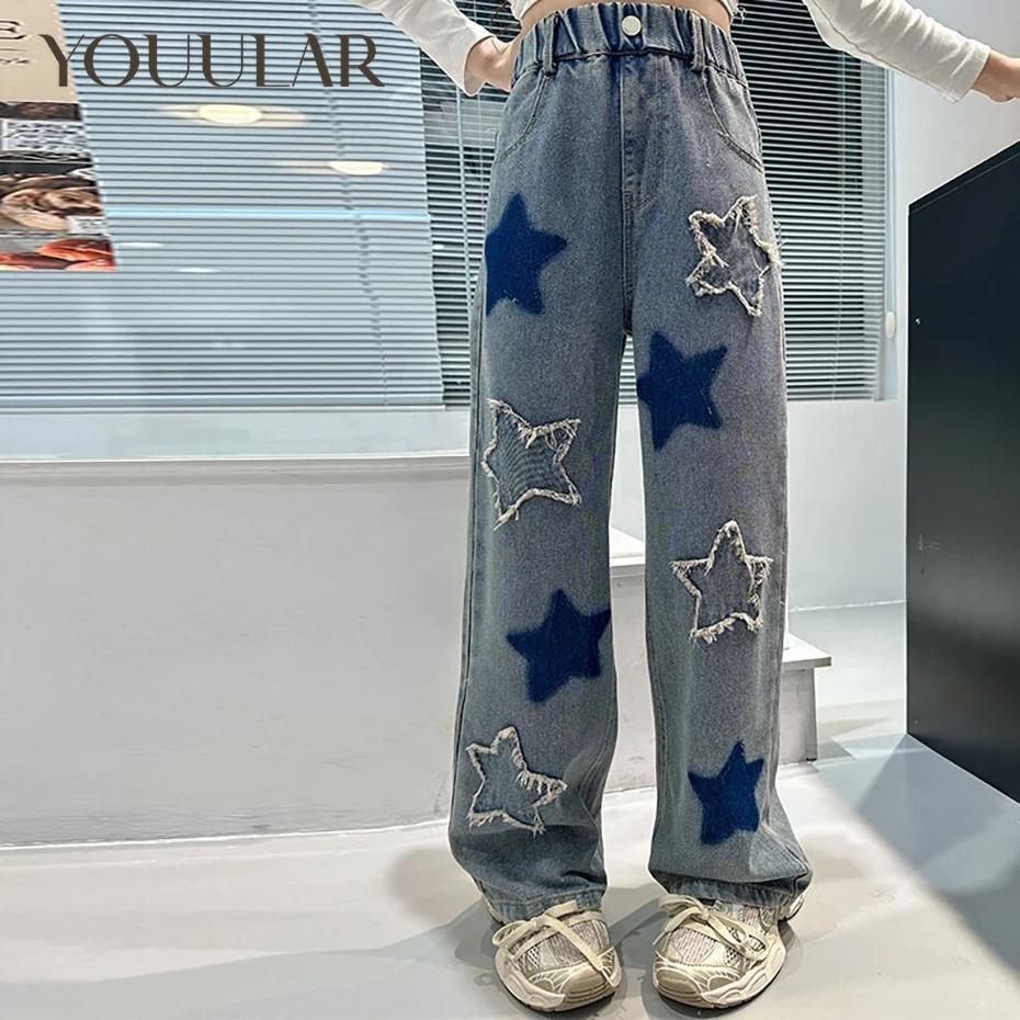YOUULAR Jeans Meisje Ster Patroon Meisje Jeans Kind Lente Herfst Broek Voor Kinderen Casual Stijl Meisjeskleding 6 8 10 12 14 120