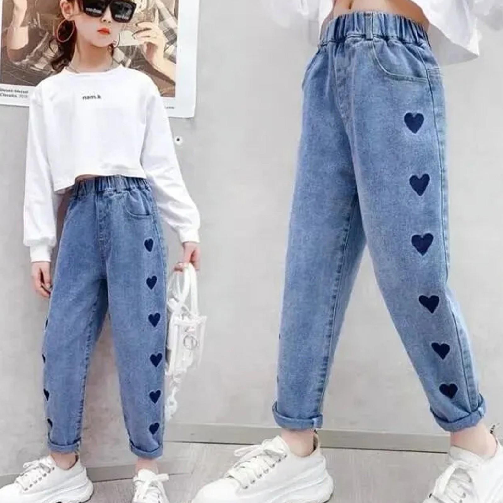 Wnzdswn Meisjesmode jeans met zakken geborduurde perzik hart denim broek 110 blauw