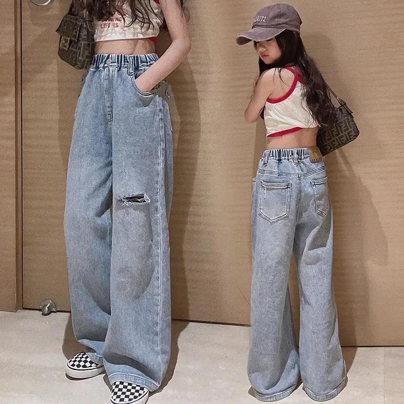 Mysterious Gift Middelgrote kindermode met gatenmoppen, meisjes, buitenlandse stijl, losse wijde broek, casual Koreaanse broek voor kinderen. 170 blauw