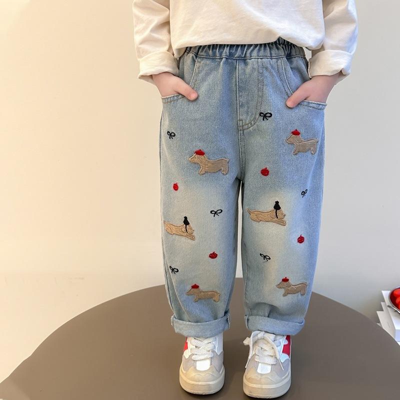 DSorothy Meisjesjeans, lente- en herfstmodellen, kleine meisjes, losse rechte broeken, kinderbroeken, babymeisjes, casual broeken 140 blauw