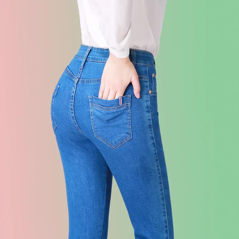 MOJTA Geborduurde stretchjeansbroek met hoge taille, rechte losse denimbroek voor dames, lente herfst, grote maten broek 27