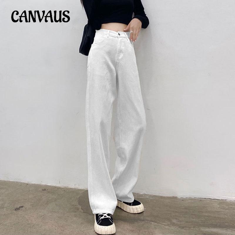 CANVAUS Denim wijde broek voor dames met peerfiguur, hoge taille, losse kruisbedekkende rechte broek S wit