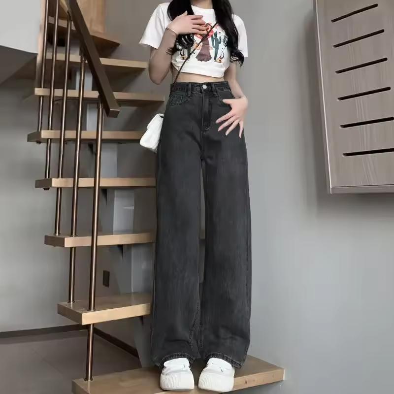 QGOOD Modieuze hoge taille rechte jeans voor dames, losse pasvorm, afslankende, gedrapeerde broek, zwart, grijs, trendy stijl XXL zwart