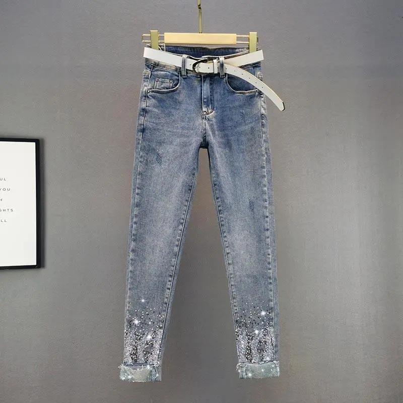 Landon Sequined Diamond Feet Jeans Dames Herfstkleding Hoge Taille Slim Afslankende Potlood Negenpunts Broek XXXL blauw