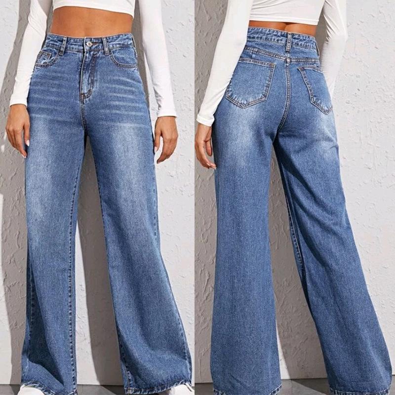 CrestLink Hot-selling dames jeans met hoge taille, wijde pijpen en gewassen details, met kattenhaar en apenmotief, uit 2025 XL lichtblauwe kleur