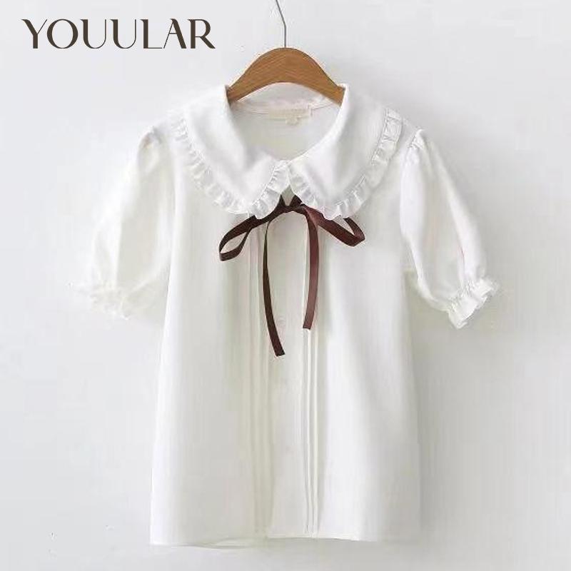 YOUULAR Meisjes Korte Mouw Shirts Zomer Mode Studenten Koreaanse Witte Shirts Poppenkraag Onderkant All-match Tops 110 wit