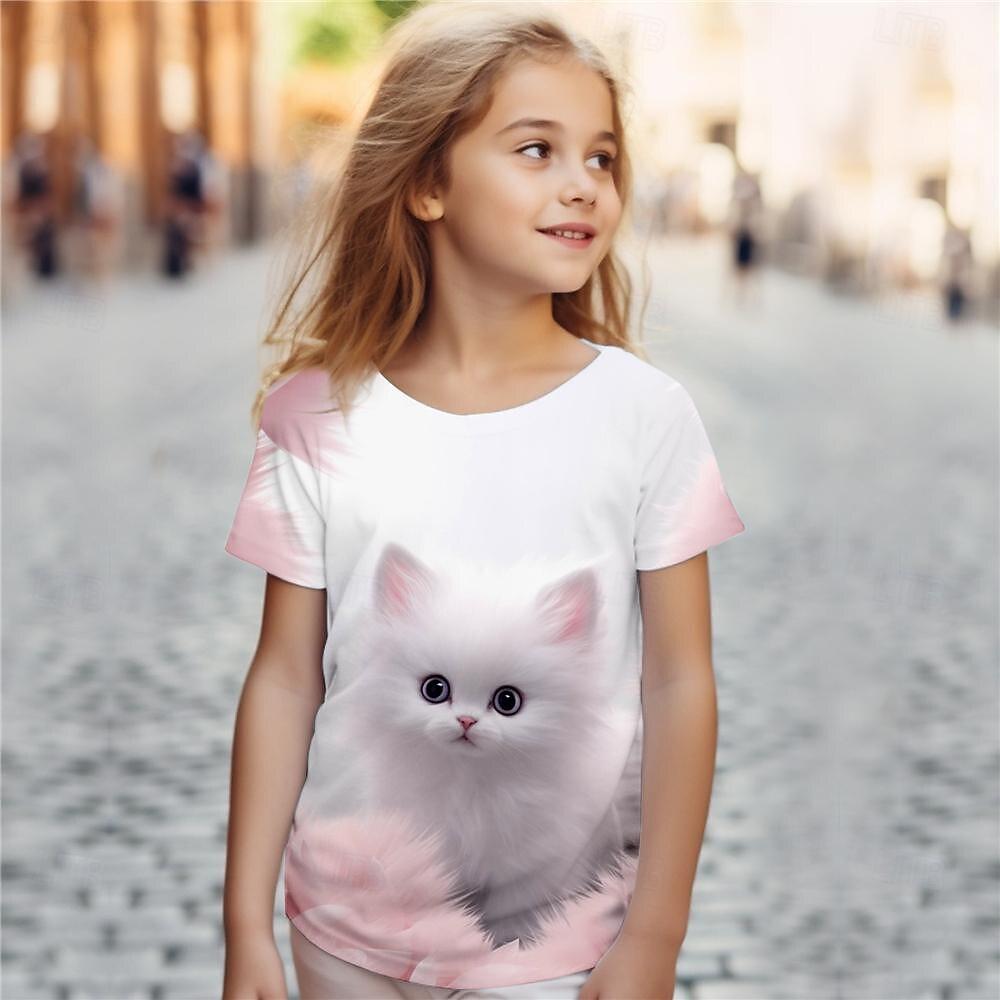Xuhaijian02 Schattige dierenkat 3D-geprint leuk meisjes T-shirt Kinderkleding Top T-shirt Babymeisje T-shirt Zomer Casual Korte Mouw 110