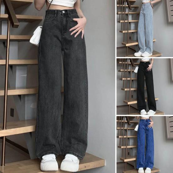 Taoxihao Dames Jeans Hoge Taille Knoopsluiting Ritssluiting Vintage Losse Pasvorm Zakken Rechte Wijde Pijpen Streetwear Broek Dagelijkse Draag Lange Broeken L