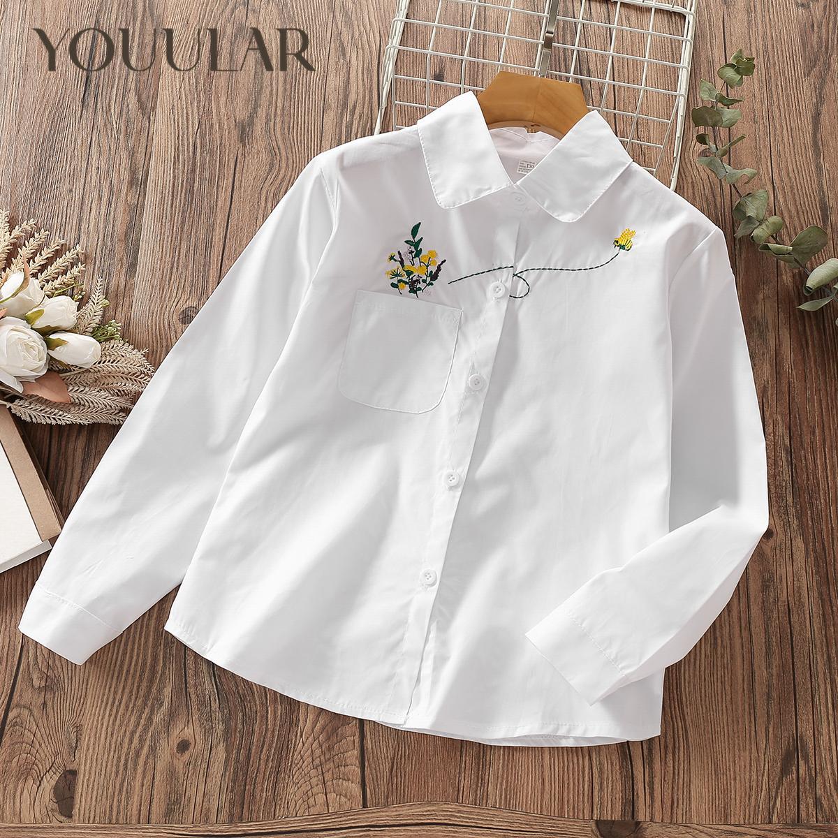 YOUULAR Tieners School Shirt voor Meisje Blouse Katoenen Tops Lange Mouw Kant Kinderkleding Lente Herfst Baby Kinderkleding 6 7 10 14Y 4T roze