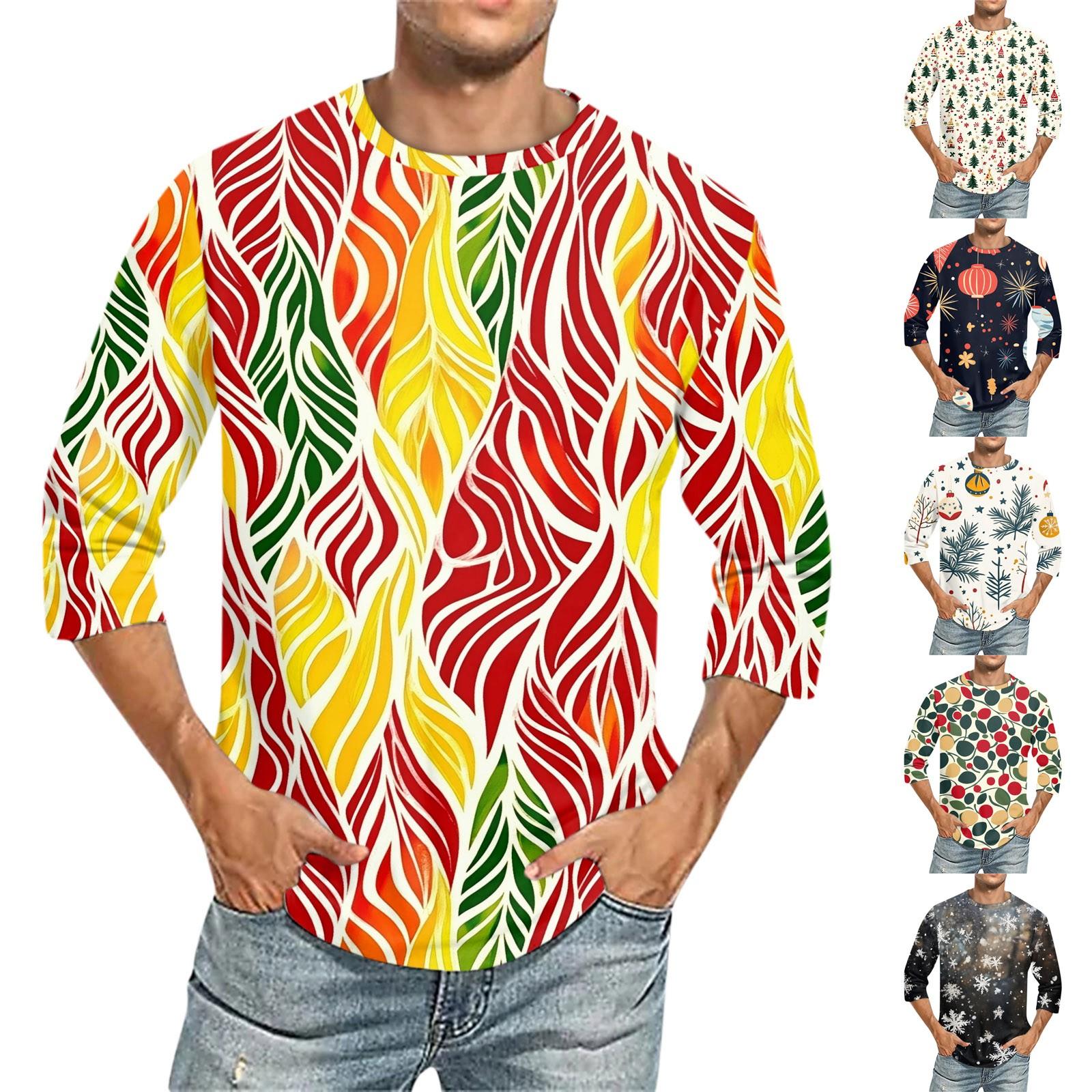 Ximalaya Men's Christmas print Round Neck Three Quarter Sleeve Top T-shirt M geel