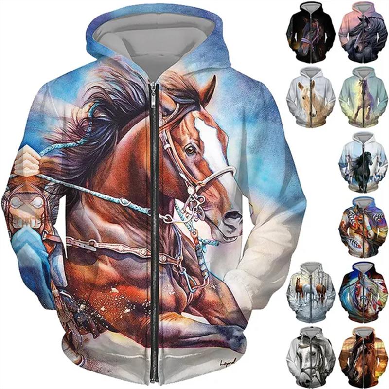 ETST 011 Paard 3D Print Rits Hoodies Unisex Casual Animal Zip Hoodie Streetwear Patroon Capuchon Jas Lente En Herfst Mannelijke Sweatshirt S