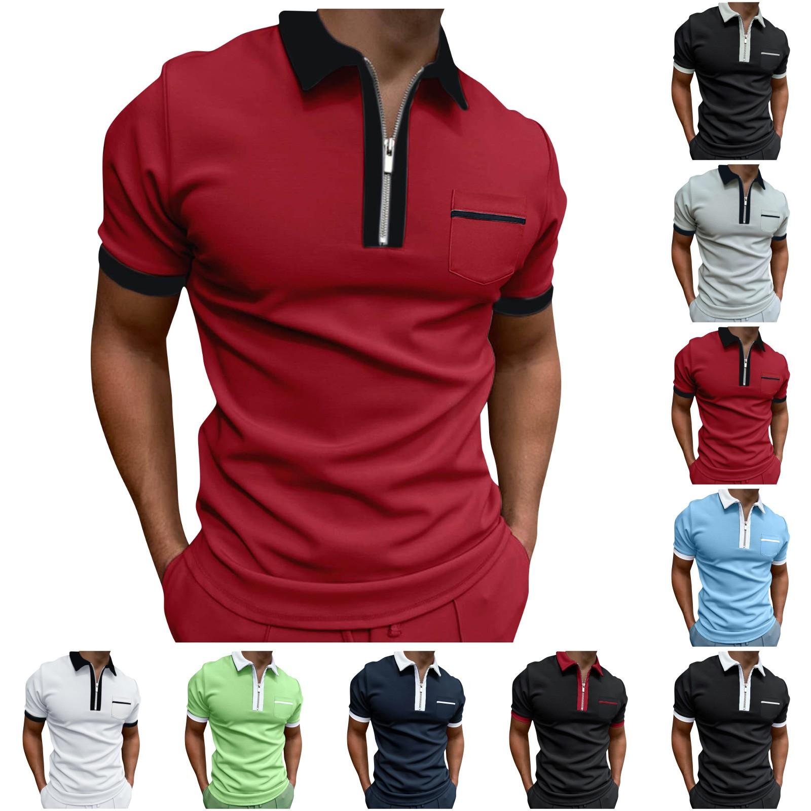Kaixinjiuhao Heren zomershirt met zakpaneel en revers, herenshirt met rits, slim fit, casual golftops met korte mouwen L zwart