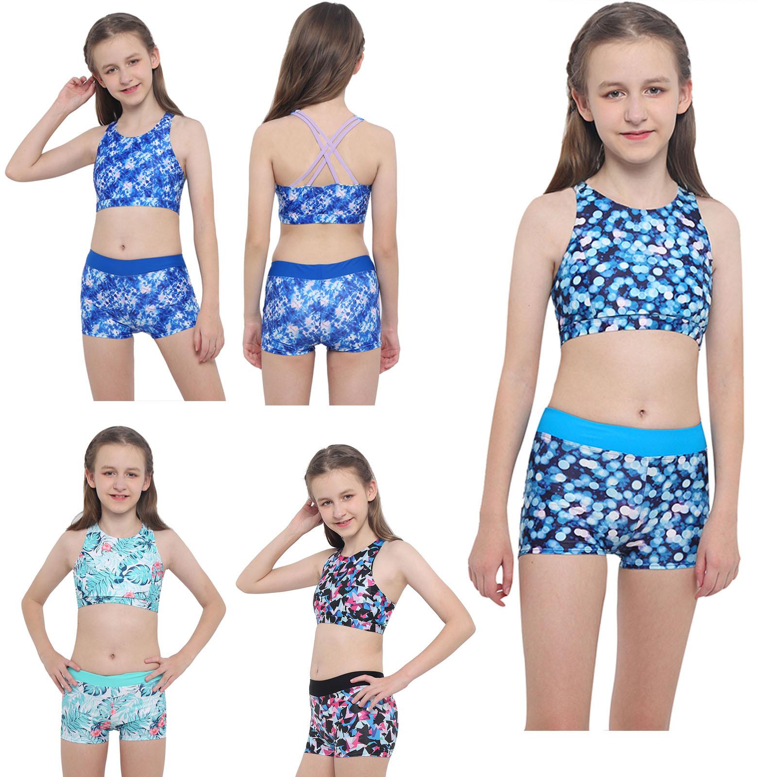 ZDHoor Kindermeisjes 2-delig badpak met gekruiste rugvest en boyshorts tankini-badpakken 5-6 Years blauw