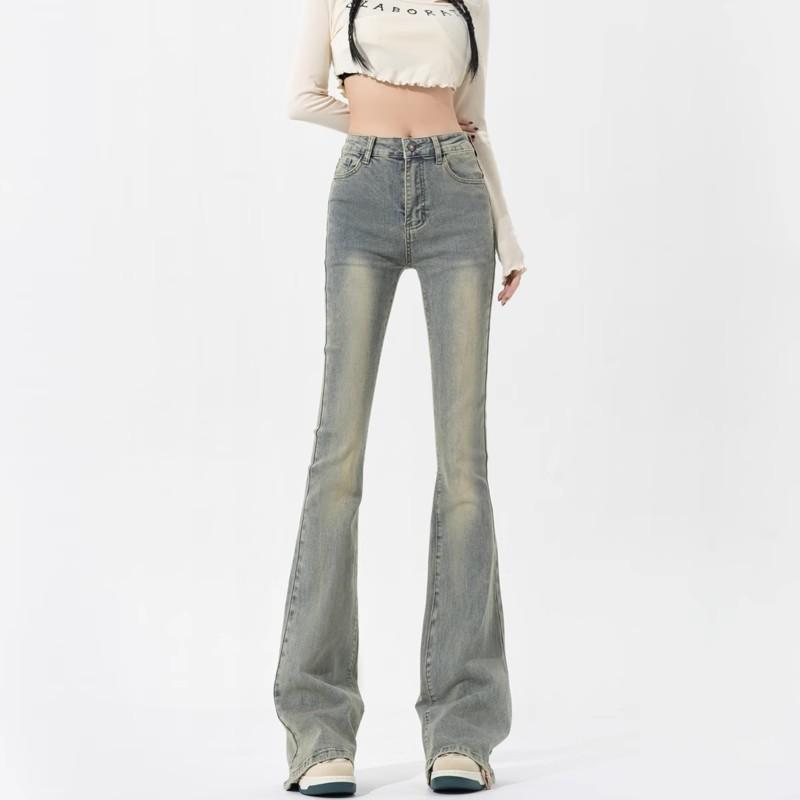 Zhanjie Ladies Clothing Vintage Blue Flare Jeans Dames Zomer Hoge Taille Slim Skinny Jeans Denim Broek Koreaanse Stijl Straat Streetwear Y2K XS blauw