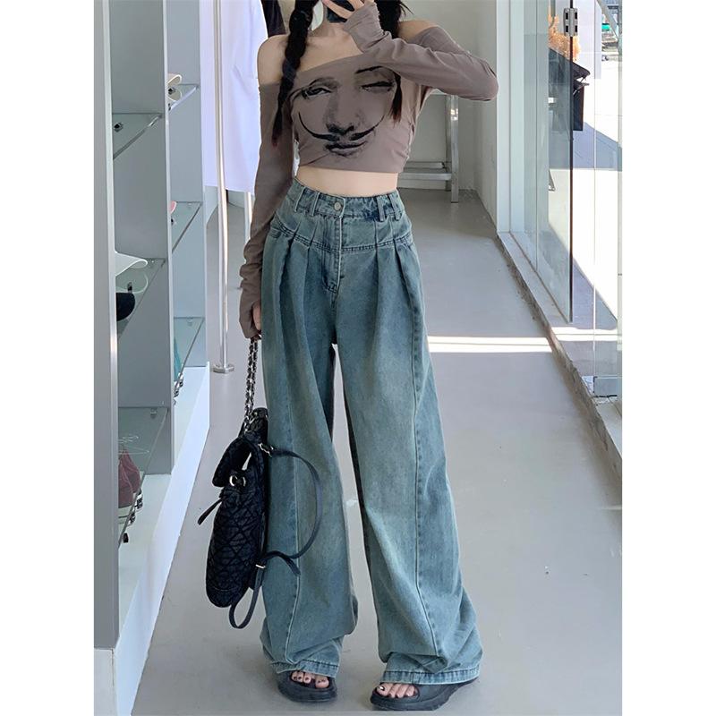 YPretty-Jewelry Vintage dweiljeans dames lente en herfst rechte losse broek met wijde pijpen S blauw