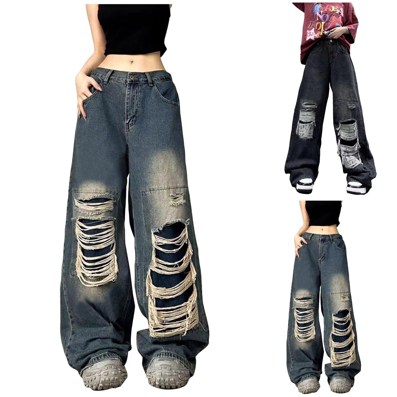 YiGeiWoLiGiaoGiao Vintage gescheurde jeans voor dames, losse rechte pijpen, wijde pijpen, dweildenimbroek XXL zwart