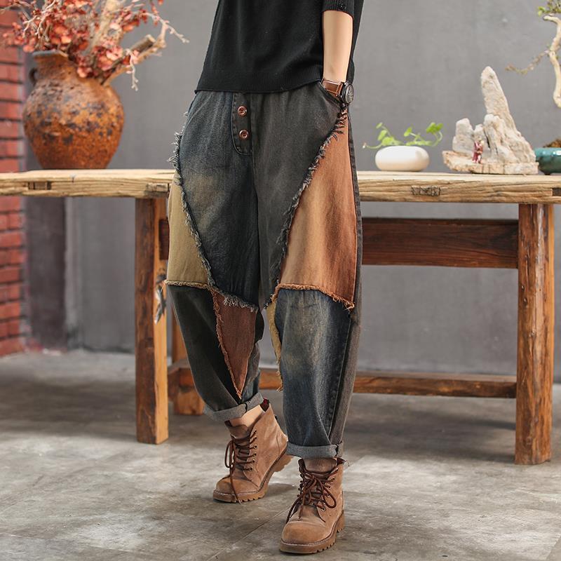 Hawayi Bijpassende kleur patch harem jeans stiksels losse oude broek dames retro gewassen oude persoonlijkheidsbroek S bruin