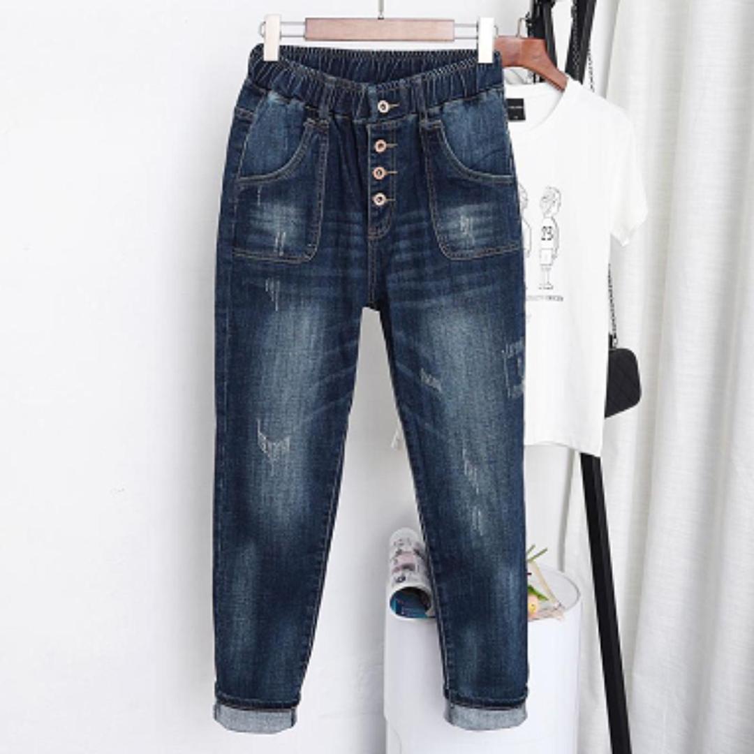 Molly Show Hoge taille dames vintage plus size harembroek losse boyfriend denim jeans streetwear broek XL blauw