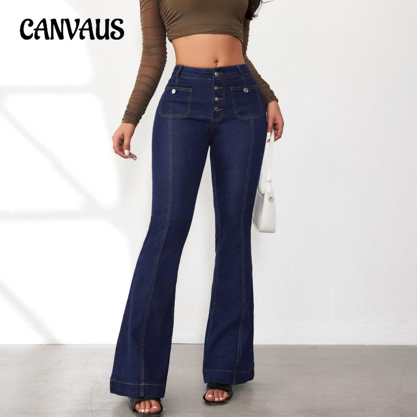 CANVAUS Lente en herfst dames jeans gesp slim micro hoge taille splicing broek S donkerblauwe kleur