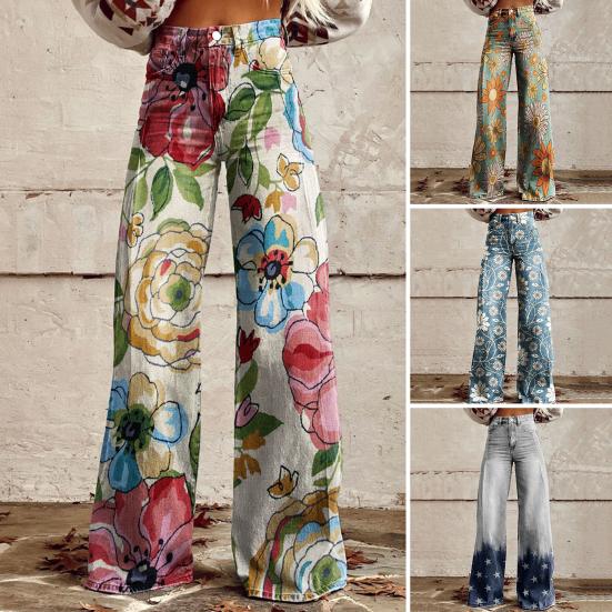 Yuantiancai Dames Jeans Knoop Rits Gulp Rechte Pijpen Denim Broek met Zakken Digitale Bloemenprint Lange Broek Streetwear M geel