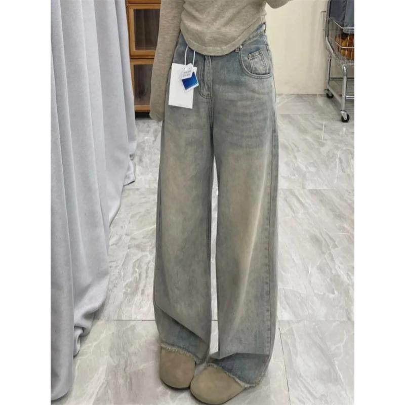 Exotic Vrouwen Versleten Wijde Pijpen Jeans Koreaanse Vintage Streetwear Losse Broeken Grunge Denim Broeken Y2K Distress Esthetische Rechte Jeans S lichtblauwe kleur