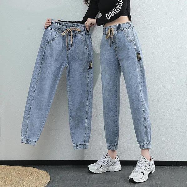 VVGUOWEI Vrouwen Lente Herfst Grote Maat Streetwear Cropped Jeans Losse Effen Kleur Hoge Taille Elastische Casual Jeans XXXL