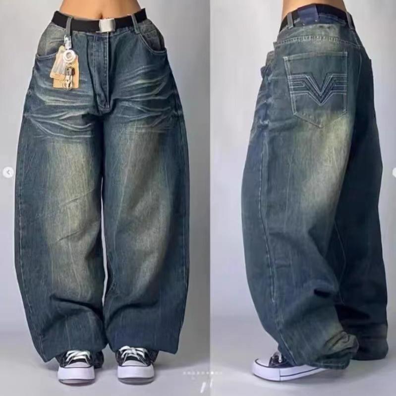 Aura Jeans Vrouwelijk Y2K Amerikaans Harajuku Retro Gewassen Losse Jeans Straatmode Casual Gothic Hoge Taille Broek Voor Mannen en Vrouwen S blauw