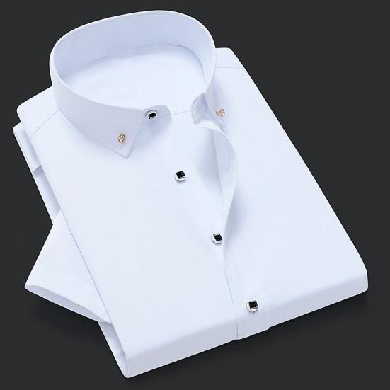 Selling Clothing Heren overhemd Effen kleur Strass Single-breasted Turn-down kraag Heren zakelijk overhemd voor werk 41 blauw