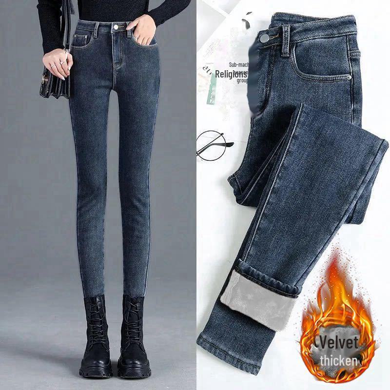 VantaGoods Koreaanse stijl dames high-waist slim fit warme jeans, fluweel gevoerd, dikke, veelzijdige kokerbroek Size 26