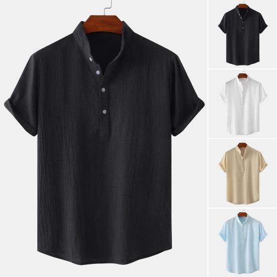 Western Cool Men Heren Zomer Top Staande Kraag Knoop Effen Kleur Korte Mouwen Los Rekbaar Formeel Zakelijke Stijl Middellange Lengte 2XL zwart